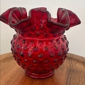 FENTON Art Glass Ruby Red Hobnail Ruffled Double Crimped 4" Rose Bowl Vase